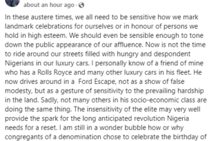 Economic hardship: I find it insensitive for congregants of a denomination to celebrate the birthday of their founder by buying him a Rolls Royce at this time - Patrick Doyle