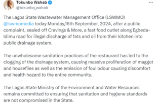 Lagos state govt seal up another restaurant for illegal discharge of fats and oil from their kitchen into public drainage system (photos)