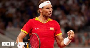 Rafael Nadal celebrates winning a point at the Paris 2024 Olympics