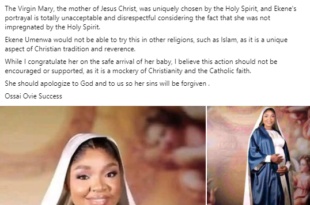 ??You should apologize to God and to us so your sins will be forgiven??- Delta state gov?s aide knocks actress Ekene Umenwa over her Virgin Mary inspired maternity photos