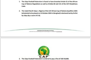 AFCON Qualifiers: CAF hands victory to Nigeria, fines Libya $50,000