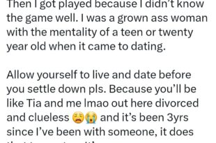 "Allow yourself to live and date before you settle down pls" Woman who married first boyfriend shares regrets