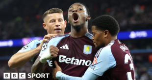 Jhon Duran celebrates scoring for Aston Villa with his team-mates