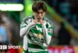 Celtic's Kyogo Furuhashi celebrates scoring to make it 2-0 during a UEFA Champions League match between Celtic and SK Slovan Bratislava at Celtic Park,