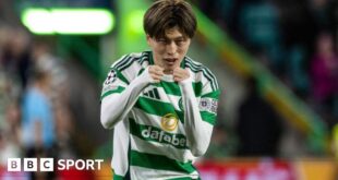 Celtic's Kyogo Furuhashi celebrates scoring to make it 2-0 during a UEFA Champions League match between Celtic and SK Slovan Bratislava at Celtic Park,