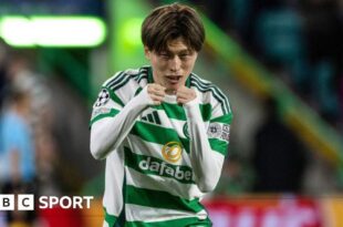 Celtic's Kyogo Furuhashi celebrates scoring to make it 2-0 during a UEFA Champions League match between Celtic and SK Slovan Bratislava at Celtic Park,