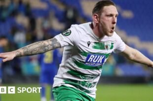 Declan McManus celebrates his goal from the penalty spot