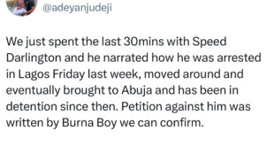 He was arrested in Lagos and taken to Abuja over Burna Boy