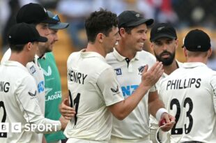 Matt Henry and Tim Southee of New Zealand celebrate a wicket against India