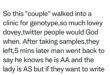 Man walks back to laboratory to ask that his genotype result of AA be changed to AS so he wouldn