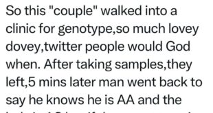 Man walks back to laboratory to ask that his genotype result of AA be changed to AS so he wouldn