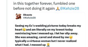 Man who left his virtuous ex-girlfriend laments as someone else marries her