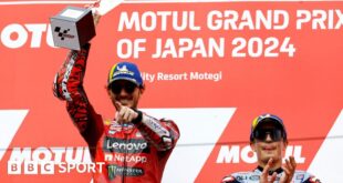 Italy's Francesco Bagnaia celebrates winning the Japanese Grand Prix