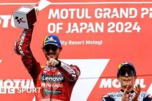 Italy's Francesco Bagnaia celebrates winning the Japanese Grand Prix