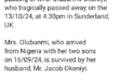 Nigerian woman d!es a month after arriving UK