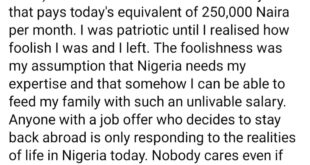 "Patriotic man" who returned to Nigeria to earn N250K after earning equivalent of N3.4m in UK shares experience that made him realise how "f00lish" he was