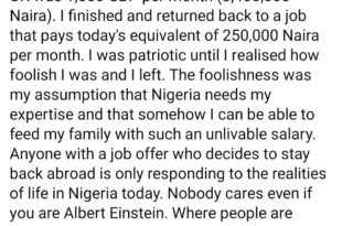 "Patriotic man" who returned to Nigeria to earn N250K after earning equivalent of N3.4m in UK shares experience that made him realise how "f00lish" he was