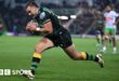 Ollie Sleightholme runs in a try for Northampton Saints