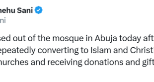 Shehu Sani recounts how a man was chased out of the mosque in Abuja after being recognised as repeatedly converting to Islam and Christianity