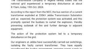 TCN confirms restoration of National Grid, says recent explosion was due to transformer explosion at Jebba substation