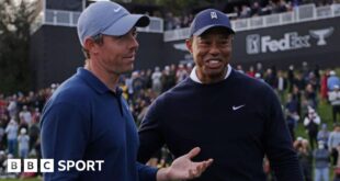 Rory McIlroy and Tiger Woods pictured during the Genesis Invitational in 2024