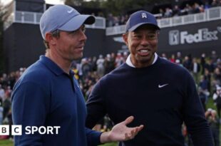 Rory McIlroy and Tiger Woods pictured during the Genesis Invitational in 2024