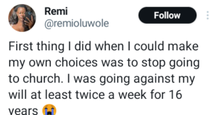 The first thing I did when I could make my own choices was to stop going to church - Nigerian lady says