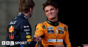 Lando Norris and Max Verstappen clasp hands after qualifying for the United States Grand Prix