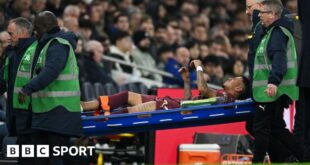 Savinho goes off on a stretcher for Manchester City against Tottenham in the League Cup