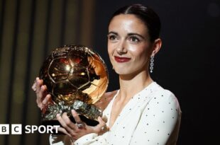 Barcelona's Spanish midfielder Aitana Bonmati receives the Woman Ballon d'Or award