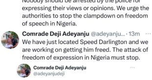 ?You can?t be singing against oppressors and still be an oppressor? - Lawyer Deji Adeyanju writes as he confirms Speed Darlington?s arrest