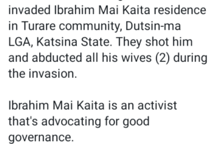 Bandits attack Katsina community, shoot activist and abduct his two wives