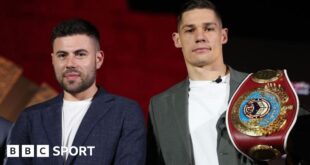 Ben Shalom and Chris Billam-Smith pose for photos at the press conference ahead of Billam-Smith's fight with Gilberto Ramirez