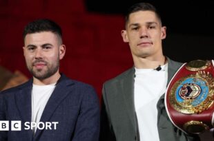 Ben Shalom and Chris Billam-Smith pose for photos at the press conference ahead of Billam-Smith's fight with Gilberto Ramirez