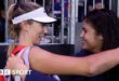 Great Britain's Emma Raducanu celebrates winning a point during her Billie Jean King Cup match against Germany's Jule Niemeier