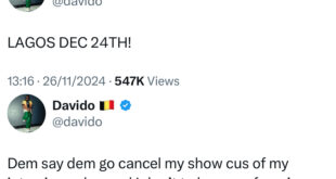 Davido says there are threats to cancel his December show over his recent US Interview