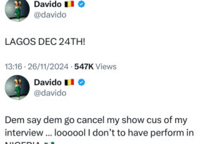 Davido says there are threats to cancel his December show over his recent US Interview