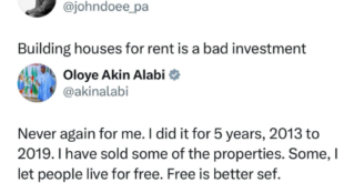 Lawmaker, Akin Alabi, supports X user who said building houses for rent is a bad investment