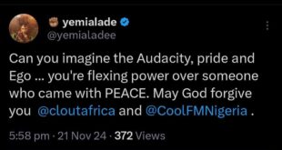 "My God big pass your whole station" Yemi Alade accuses Cool FM and Clout Africa of "forming gate keepers" and taking her song down