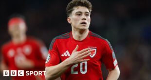 Daniel James celebrates scoring for Wales