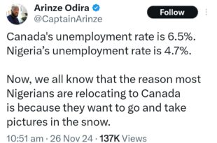 Nigerians are relocating to Canada because of snow - Nigerian man says as he compares unemployment rate in Canada to Nigeria