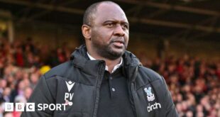 Patrick Vieira during a Premier League match while in charge of Crystal Palace.