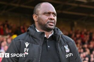 Patrick Vieira during a Premier League match while in charge of Crystal Palace.