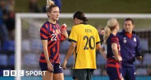 Kristie Mewis and Sam Kerr following a match between the USA and Australia in 2021