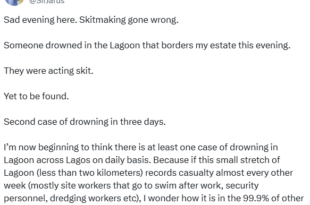 Skitmaker allegedly dr0wns while shooting content in Lagos lagoon