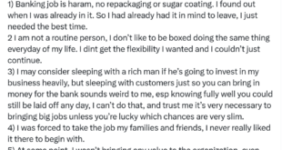 Sleeping with customers just so you can bring in money for the bank sounds weird to me - Lady writes after quitting bank job