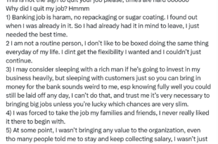 Sleeping with customers just so you can bring in money for the bank sounds weird to me - Lady writes after quitting bank job