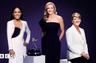 Alex Scott, Gabby Logan and Clare Balding with the BBC Sports Personality of the Year trophy