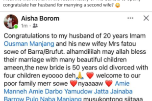 "The new bride is a 50-year-old divorcee with four children" - Gambian woman publicly 'congratulates' her husband of 20 years for marrying second wife