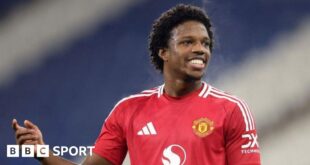 Manchester United defender Tyrell Malacia smiles while playing in the EFL Trophy